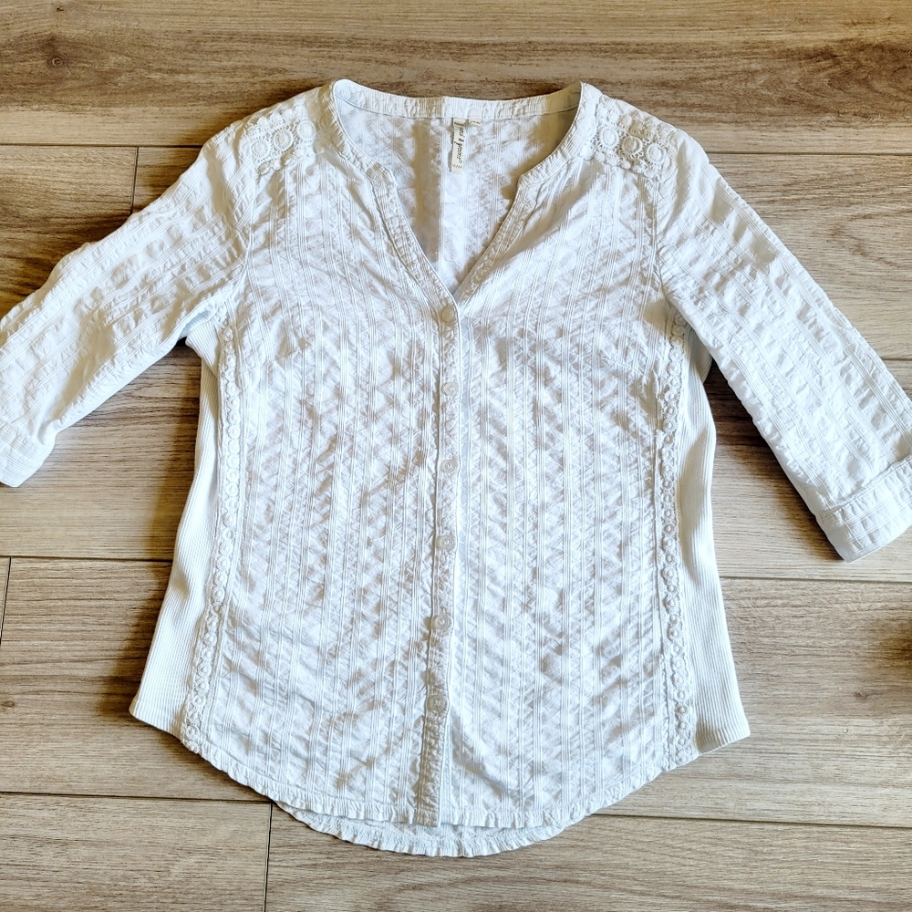 Grand & Greene Soft Stretchy Cotton Detailed Eyelet White Button Down Shirt S